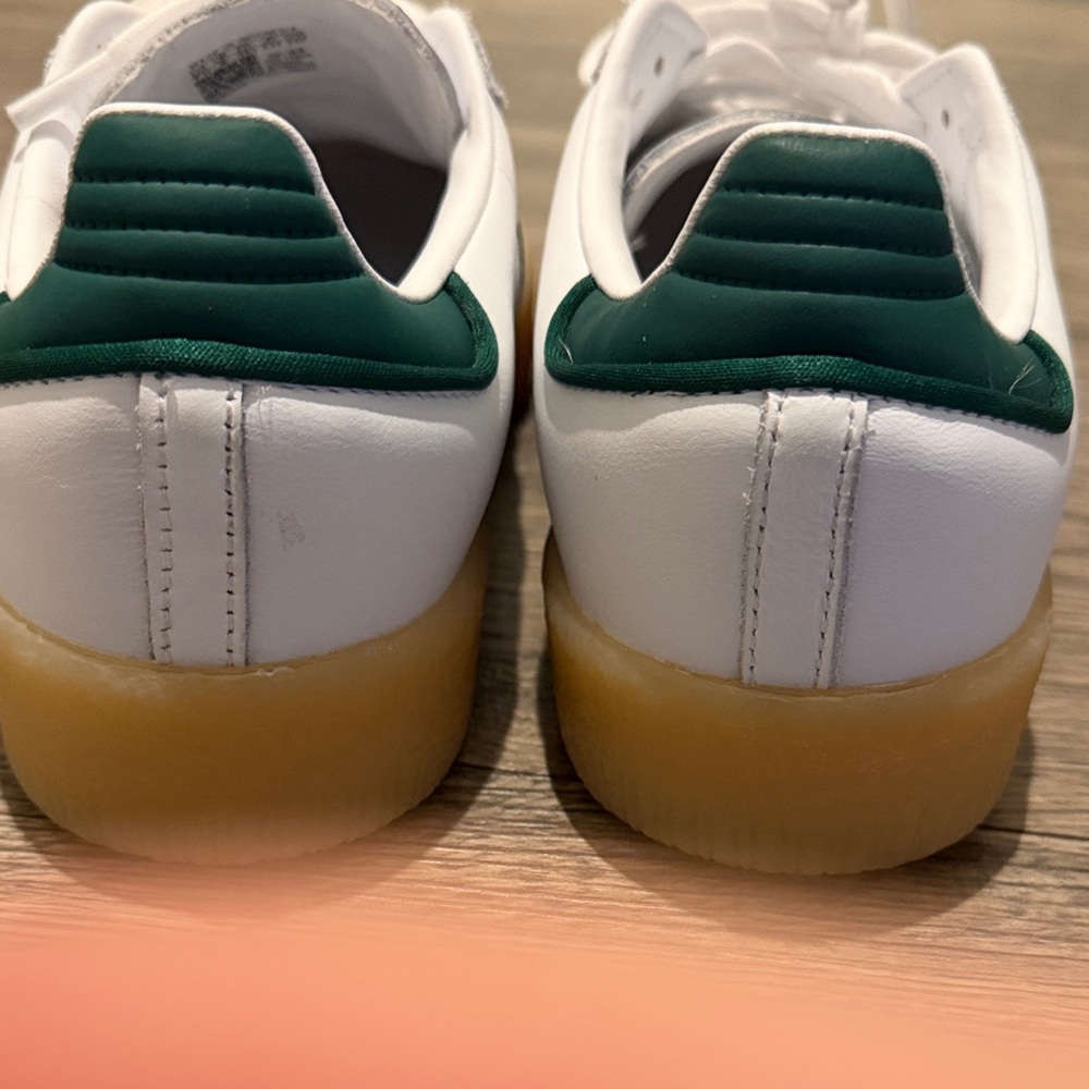 Women’s adidas White Leather Sneakers with Green Stripes and Gum Sole - Picture 5 of 11